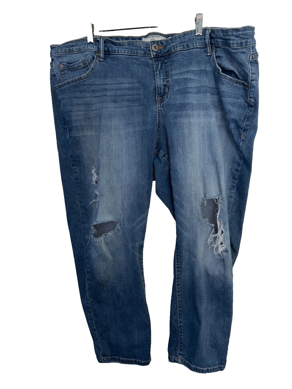 Torrid Jean Women 24 Blue Denim Distressed Ripped Knee Boyfriend Cropped Stretch